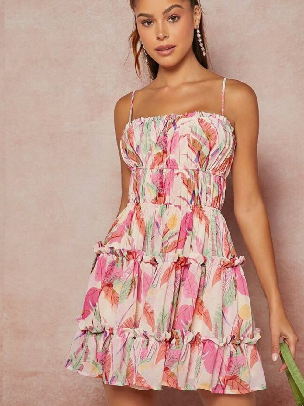 Tropical Boho Leaves Open Back Pink Tiered Mini Dress Spaghetti Straps L Large